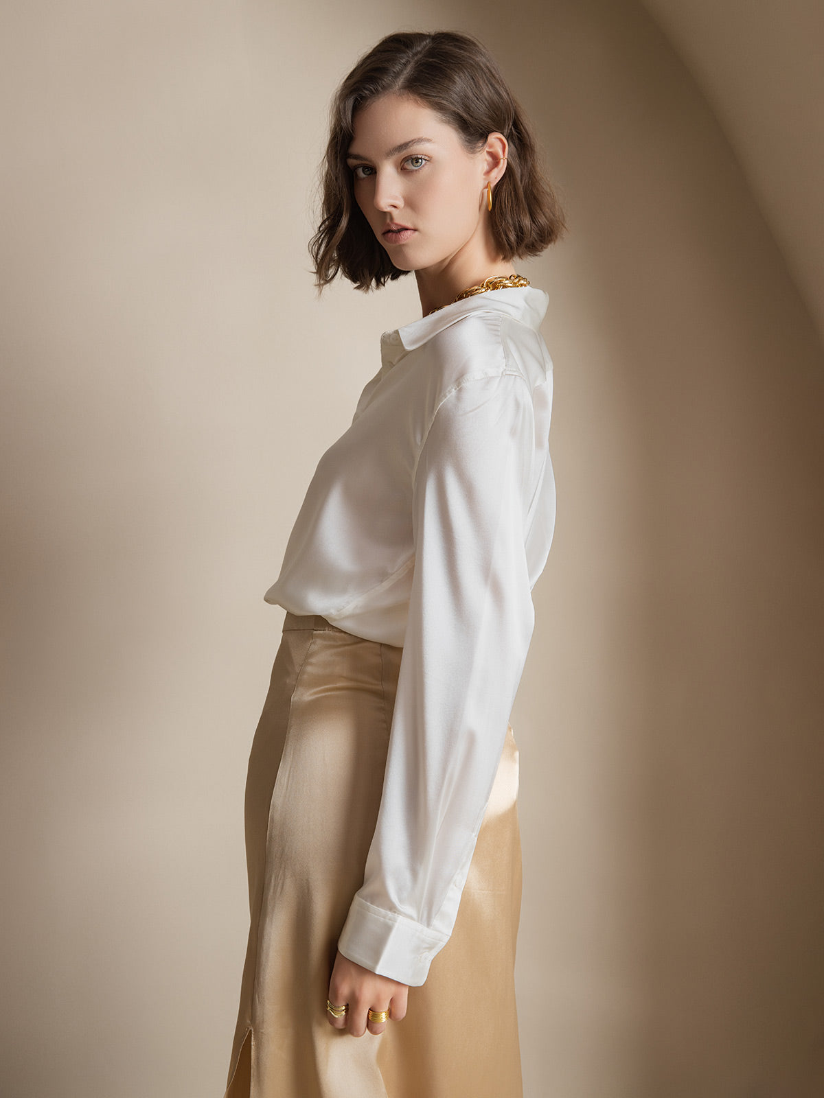 [White] SilkSilky-CA 19Momme Stretch Silk Charmeuse Long Sleeve Lapel Collar Women's Shirt 004