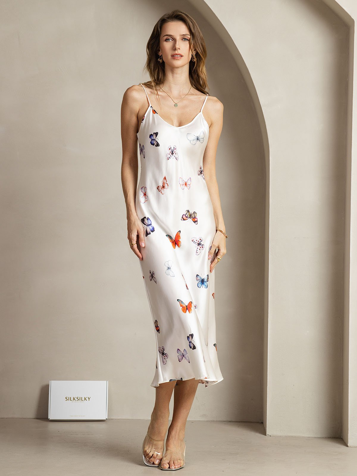 [WhiteButterfly] SilkSilky-CA 19Momme Silk V Neck Dress 003