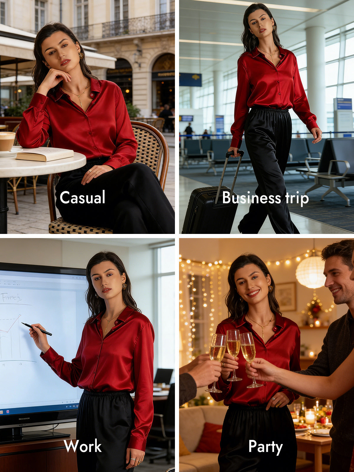 [Red] SilkSilky-CA Silk Long Sleeve Lapel Collar Women's Shirt 008