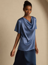 [Real Teal] SilkSilky-CA Short Sleeve Cowl Neck Women's Blouse 007