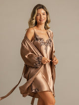 [Brown] SilkSilky-CA 3/4 Sleeve V Neck Nightgown&Robe Set 007