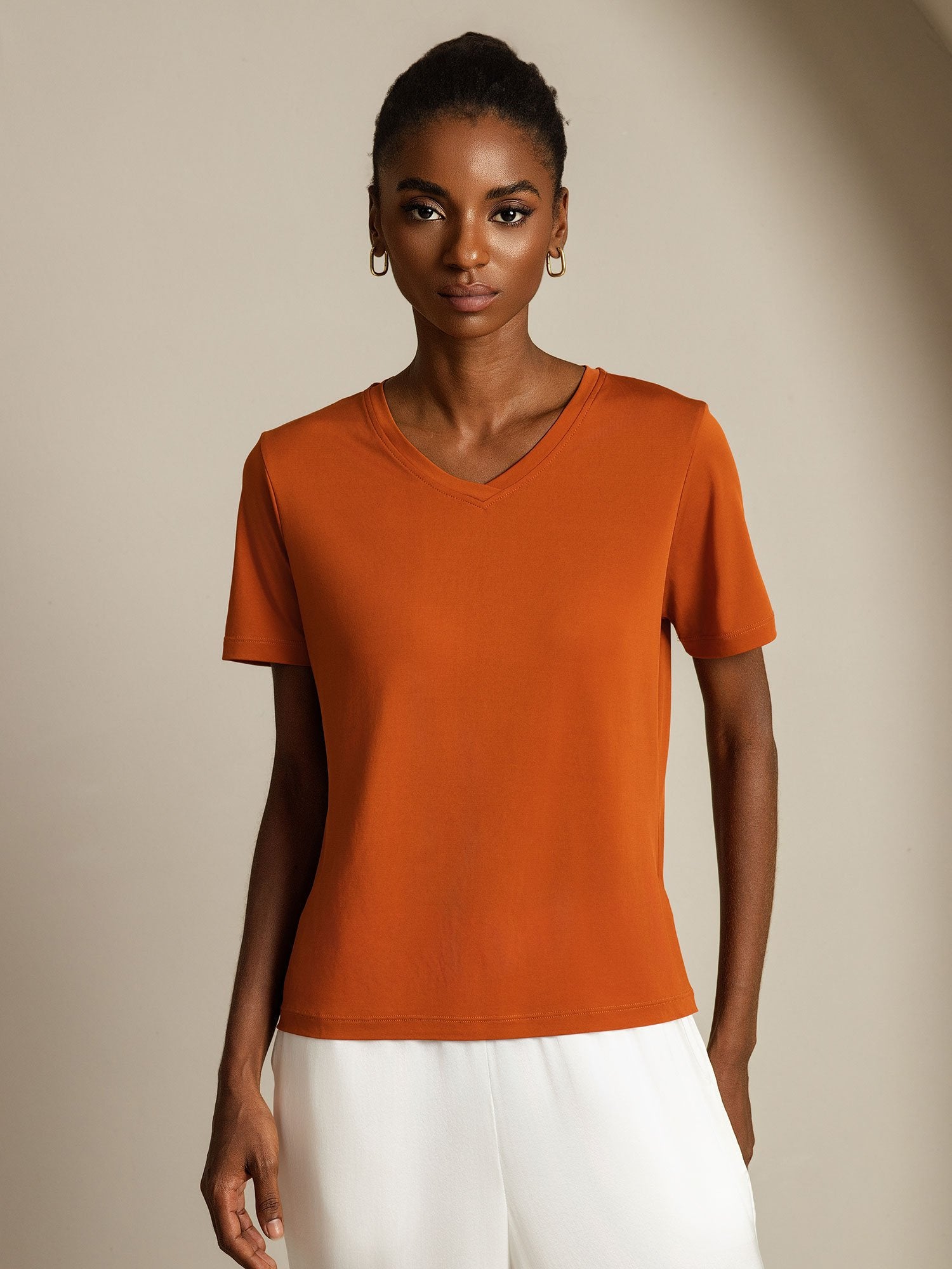 [Orange] SilkSilky-CA Pure Silk V Neck Women's T-Shirt 001