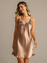 [Brown] SilkSilky-CA Spaghetti Strap V Neck Nightgown 003