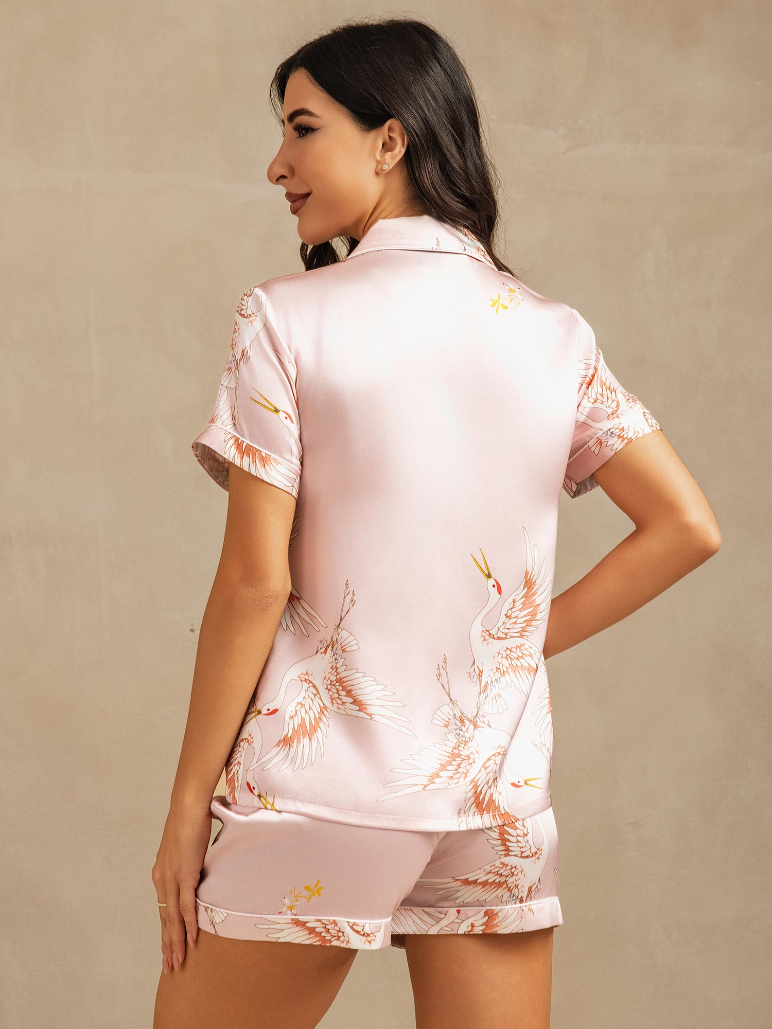 [Pink] SilkSilky-CA 19Momme Short Sleeve Notch Collar Women's Pajamas 002