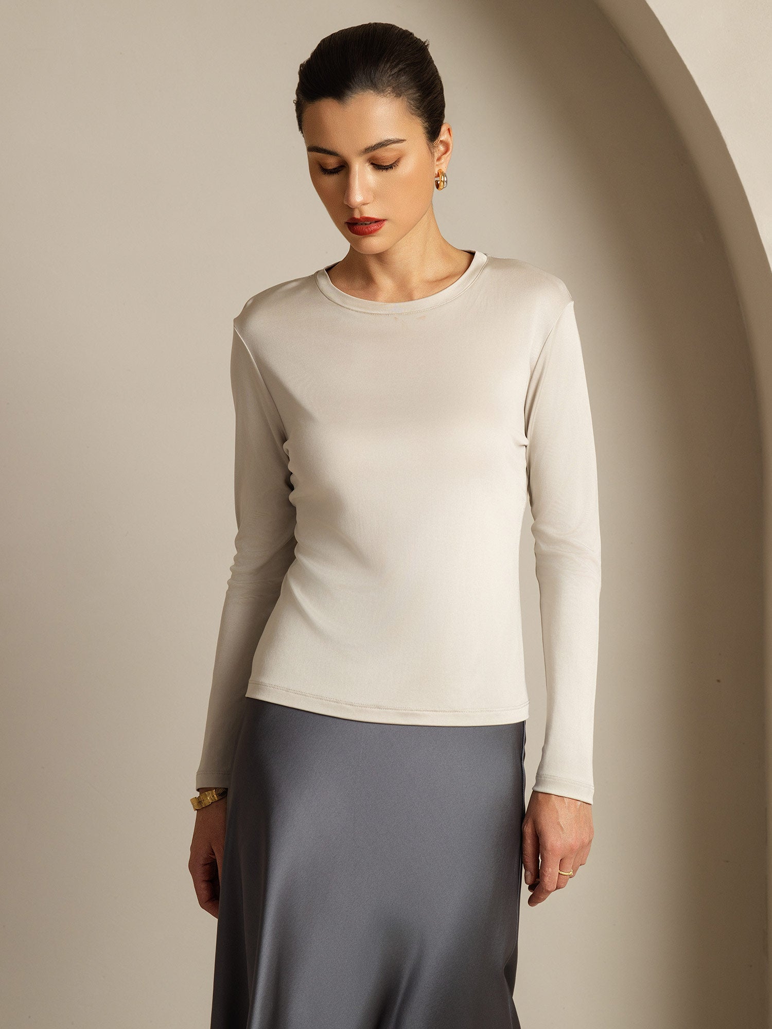 [Gray] SilkSilky-CA Pure Silk Womens T-Shirt 001,