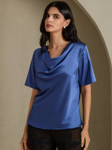 [Real Teal] SilkSilky-CA Short Sleeve Cowl Neck Women's Blouse 001