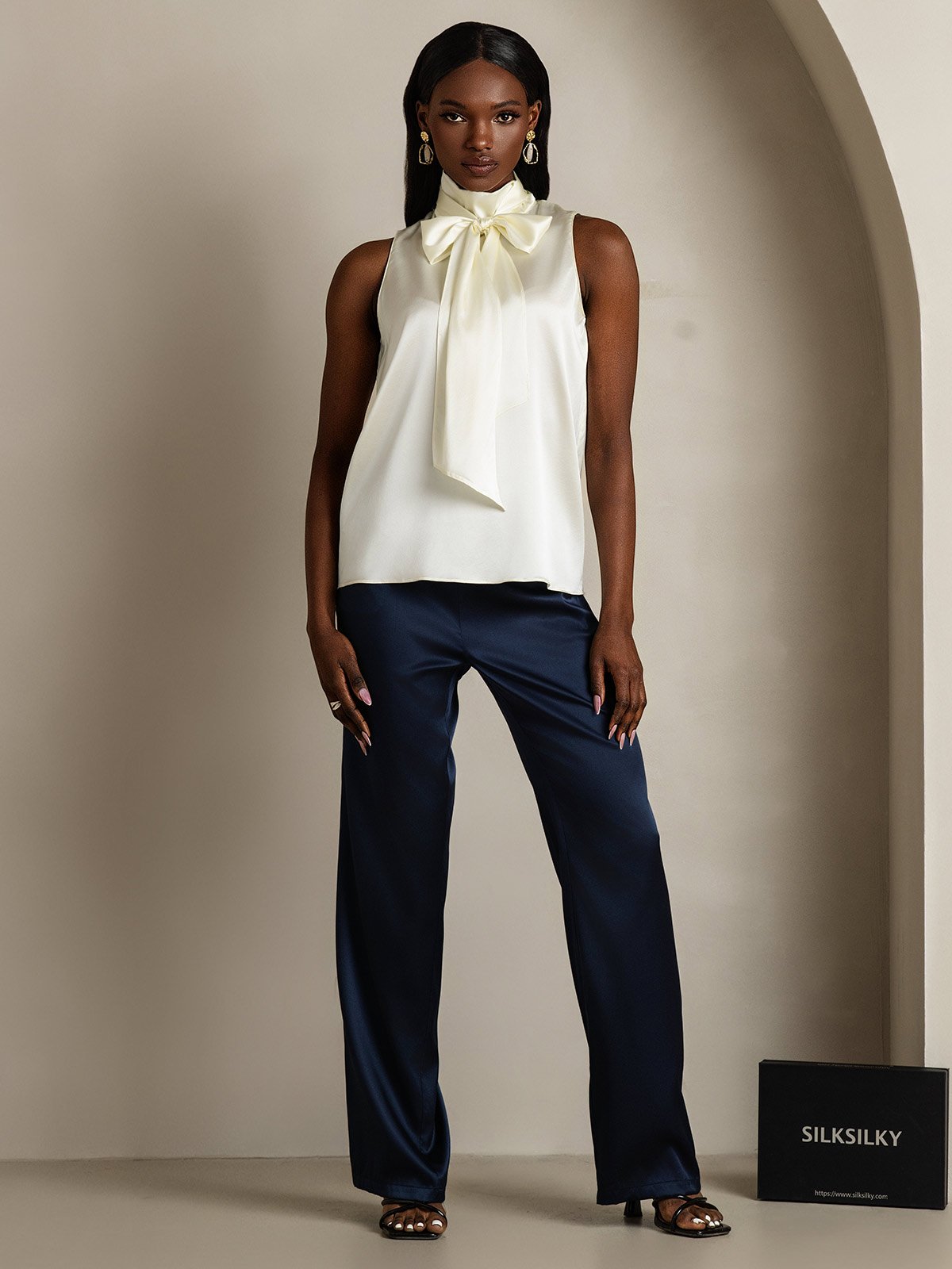 SilkSilky-CA 19Momme Silk Tie Neck Women's Shirt Ivory 006