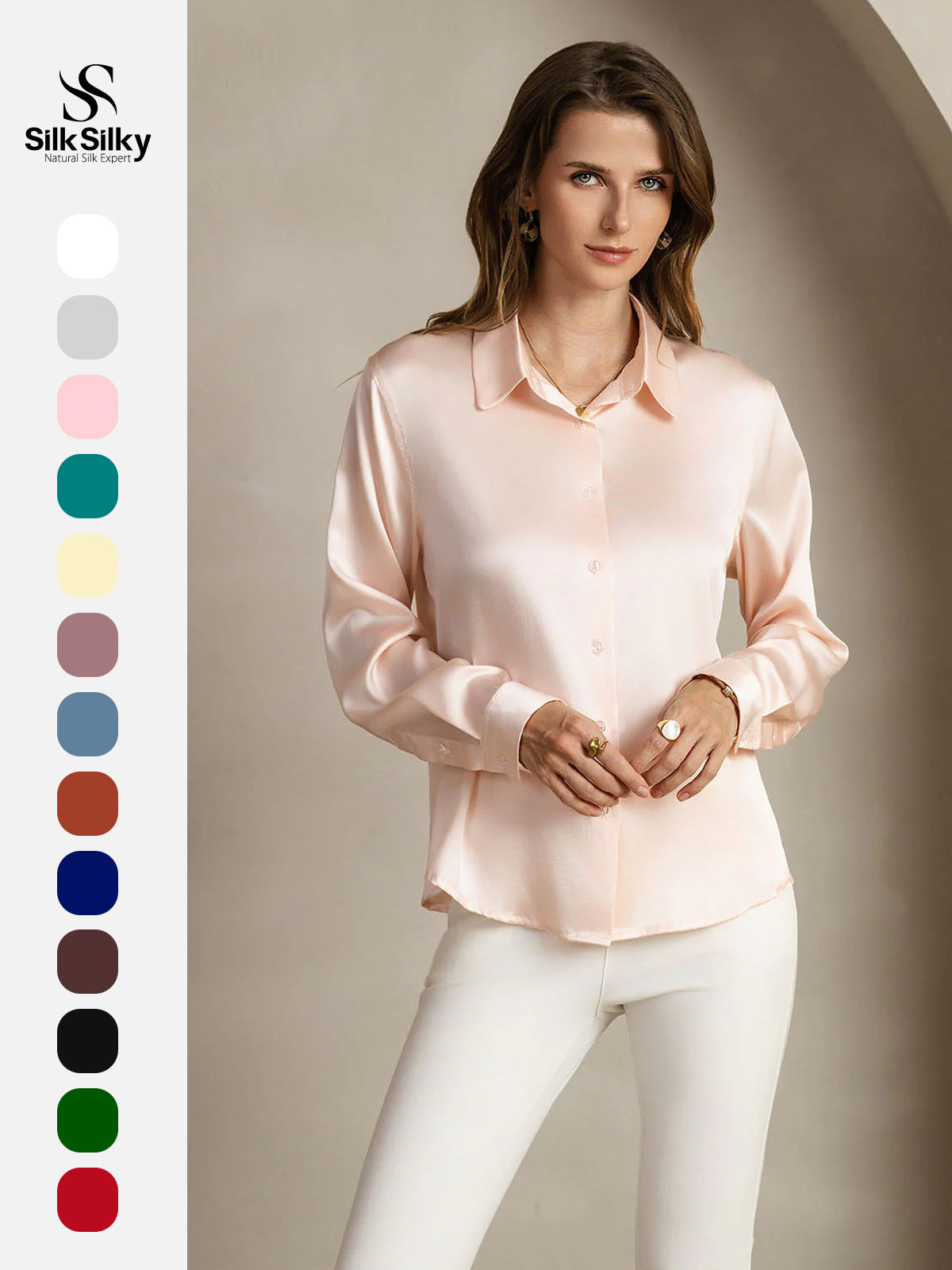 [Light Pink] SilkSilky-CA Silk Long Sleeve Lapel Collar Women's Shirt 001
