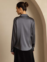 [Dark Gray] SilkSilky-CA 19Momme Stretch Silk Charmeuse Long Sleeve Lapel Collar Women's Shirt 002