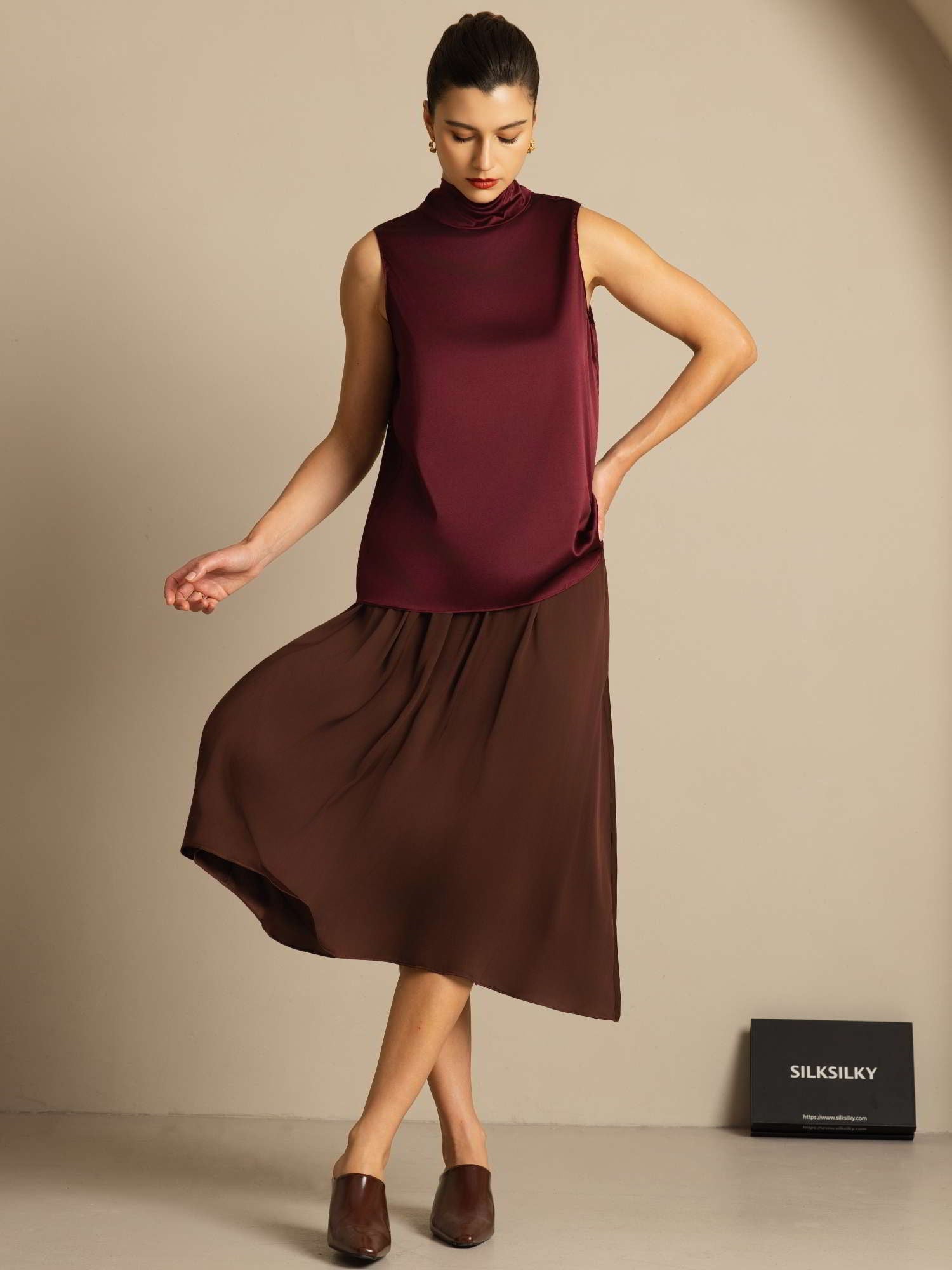 [Dark Red] SilkSilky-CA 19Momme Stretch Silk Charmeuse Sleeveless High Neck Blouse 010