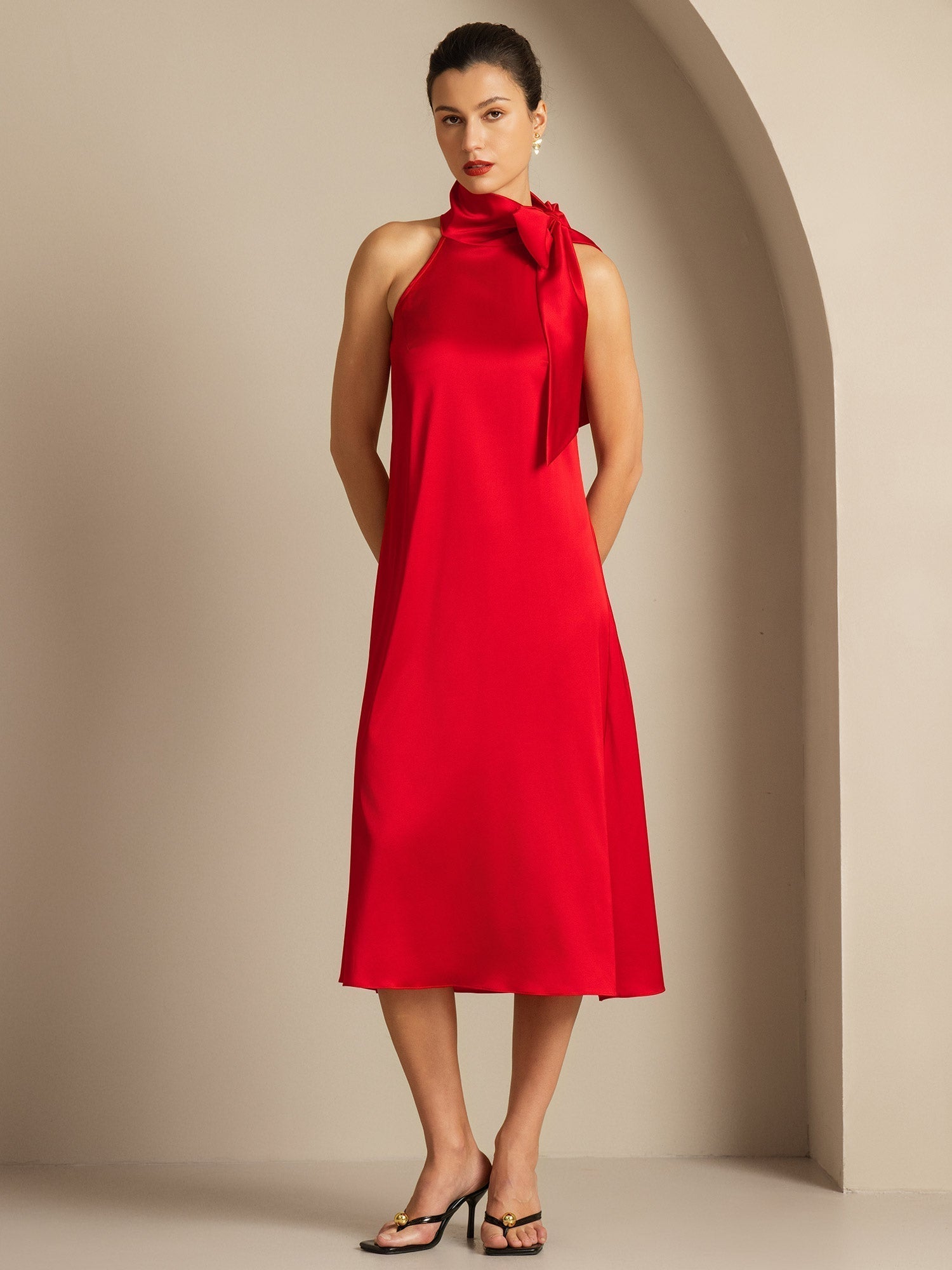 [Red] SilkSilky-CA 19Momme Silk Tie Neck Dress 001,