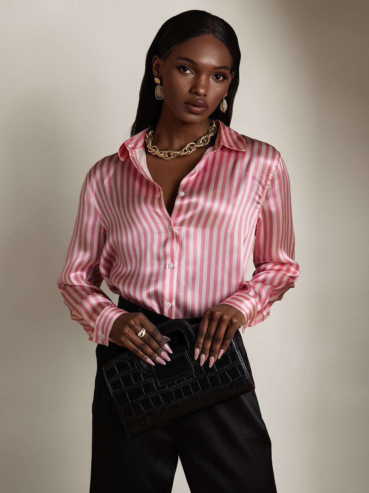 [Pink Stripe] SilkSilky-CA Long Sleeve Lapel Collar Women's Shirt 006