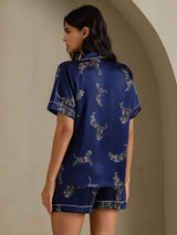[Navy Zebra] SilkSilky-CA Short Sleeve Lapel Collar Women's Pajamas 002