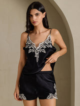 [Black] SilkSilky-CA Spaghetti Strap V Neck Camisole Set 003