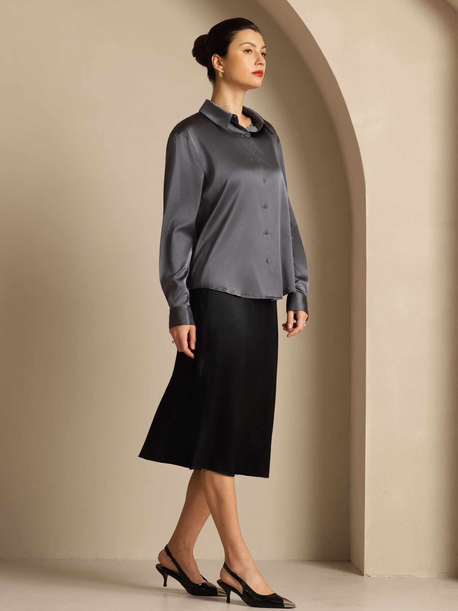 [Dark Gray] SilkSilky-CA 19Momme Stretch Silk Charmeuse Long Sleeve Lapel Collar Women's Shirt 004