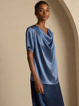 [Real Teal] SilkSilky-CA Short Sleeve Cowl Neck Women's Blouse 004