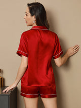 [Wine] SilkSilky-CA Short Sleeve Lapel Collar Women's Pajamas 002