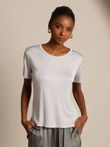 [Silver] SilkSilky-CA 100% Silk Jersey Short Sleeve Round Neck Women's T-Shirt 001