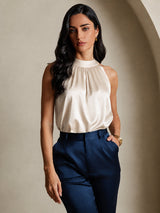 [Beige] SilkSilky-CA Sleeveless Halter Women's T-Shirt 001