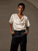 [Beige] SilkSilky-CA Short Sleeve Cowl Neck Women's Blouse 003