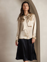 [Champagne] SilkSilky-CA 19Momme Stretch Silk Charmeuse Long Sleeve Tie Neck Blouse 001