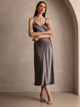 [Dark Khaki] SilkSilky-CA Spaghetti Strap V Neck Dress 005