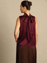[Dark Red] SilkSilky-CA 19Momme Stretch Silk Charmeuse Sleeveless High Neck Blouse 002