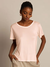 [Light Pink] SilkSilky-CA 100% Silk Jersey Short Sleeve Round Neck Women's T-Shirt 003