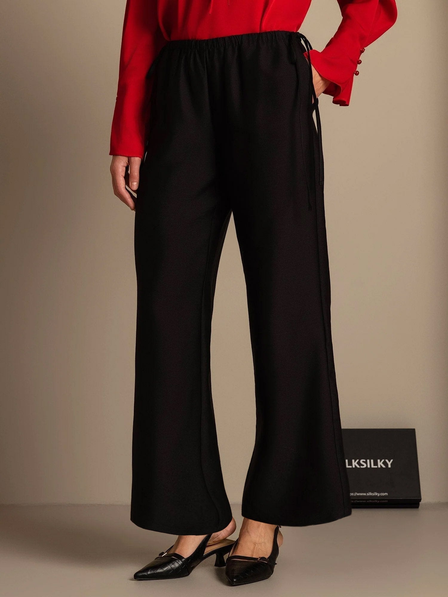 [Black] SilkSilky-CA 32Momme Silk-Wool Blend Womens Pants 003,