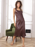 SilkSilky CA Pure Silk Sleeveless Boat Neck Dress Coffee 001