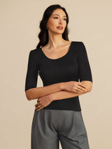 [Black] SilkSilky-CA Half Sleeve Scoop Neck Women's T-Shirt 004