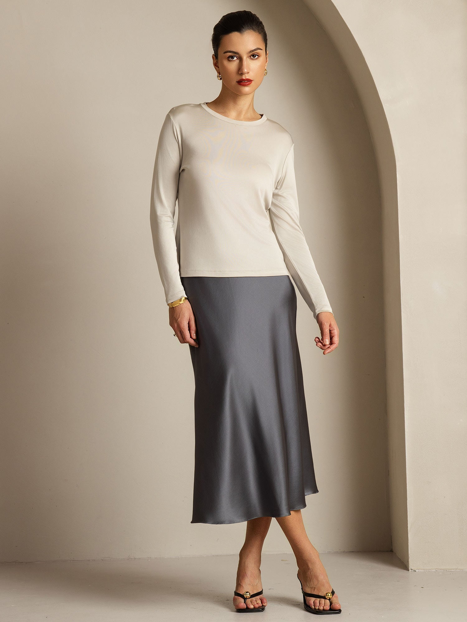 [Gray] SilkSilky-CA Pure Silk Womens T-Shirt 009,