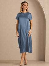 [Real Teal] SilkSilky-CA Short Sleeve Crew Neck Dress 005