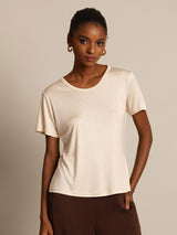 [Beige] SilkSilky-CA 100% Silk Jersey Short Sleeve Round Neck Women's T-Shirt 006