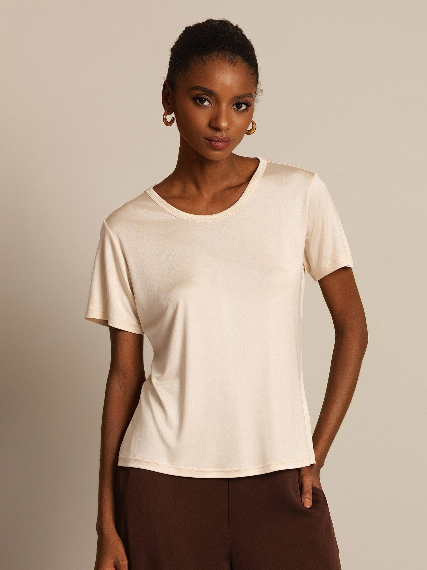 [Beige] SilkSilky-CA Silk Knitted Round Neck Women's T-Shirt 006,