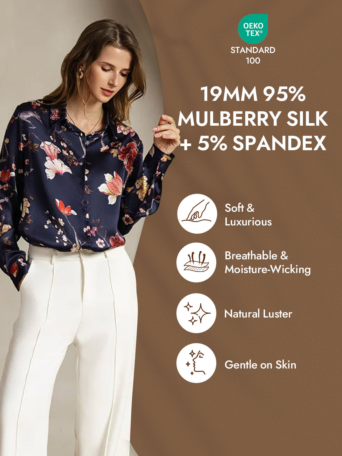 [Navy Floral] SilkSilky-CA Silk Long Sleeve Lapel Collar Women's Shirt 004