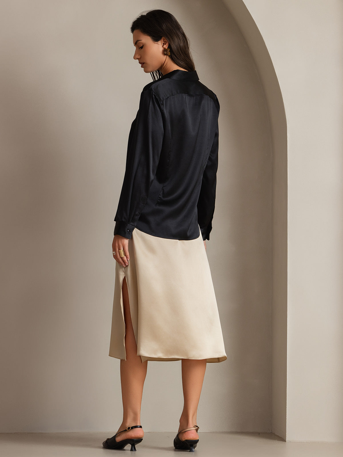 [Black] SilkSilky-CA 19Momme Stretch Silk Charmeuse Long Sleeve Lapel Collar Women's Shirt 002