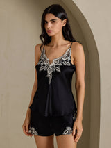 [Black] SilkSilky-CA Spaghetti Strap V Neck Camisole Set 006