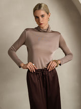 [Khaki] SilkSilky-CA Silk Jersey Long Sleeve Turtle Neck Women's T-Shirt 003