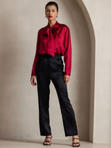 [Wine] SilkSilky-CA 19Momme Stretch Silk Charmeuse Long Sleeve Tie Neck Blouse 003