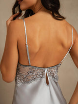 [Grayish Blue] SilkSilky-CA Spaghetti Strap Deep V Neck Nightgown 004