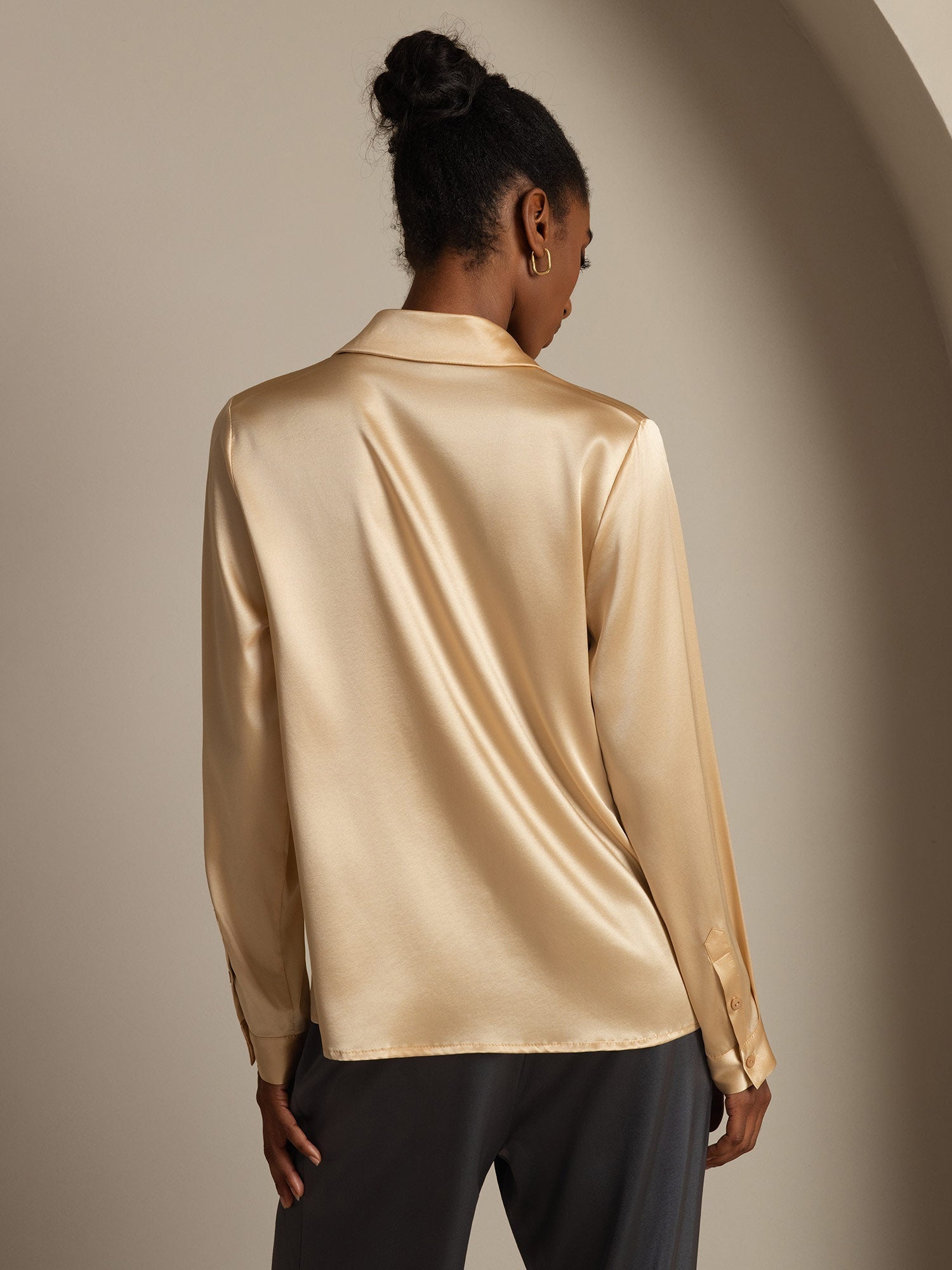 [Champagne] SilkSilky-CA 19Momme Silk Long Sleeve Lapel Collar Women's Shirt 003