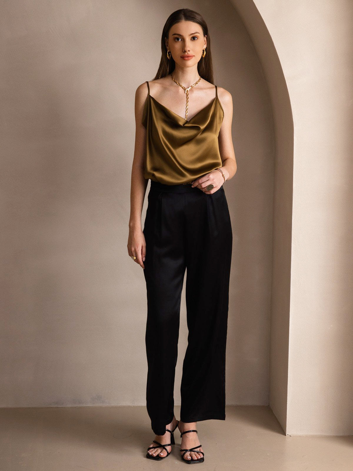 [Brown] SilkSilky-CA 19Momme Silk Cowl Neck Camisole 006