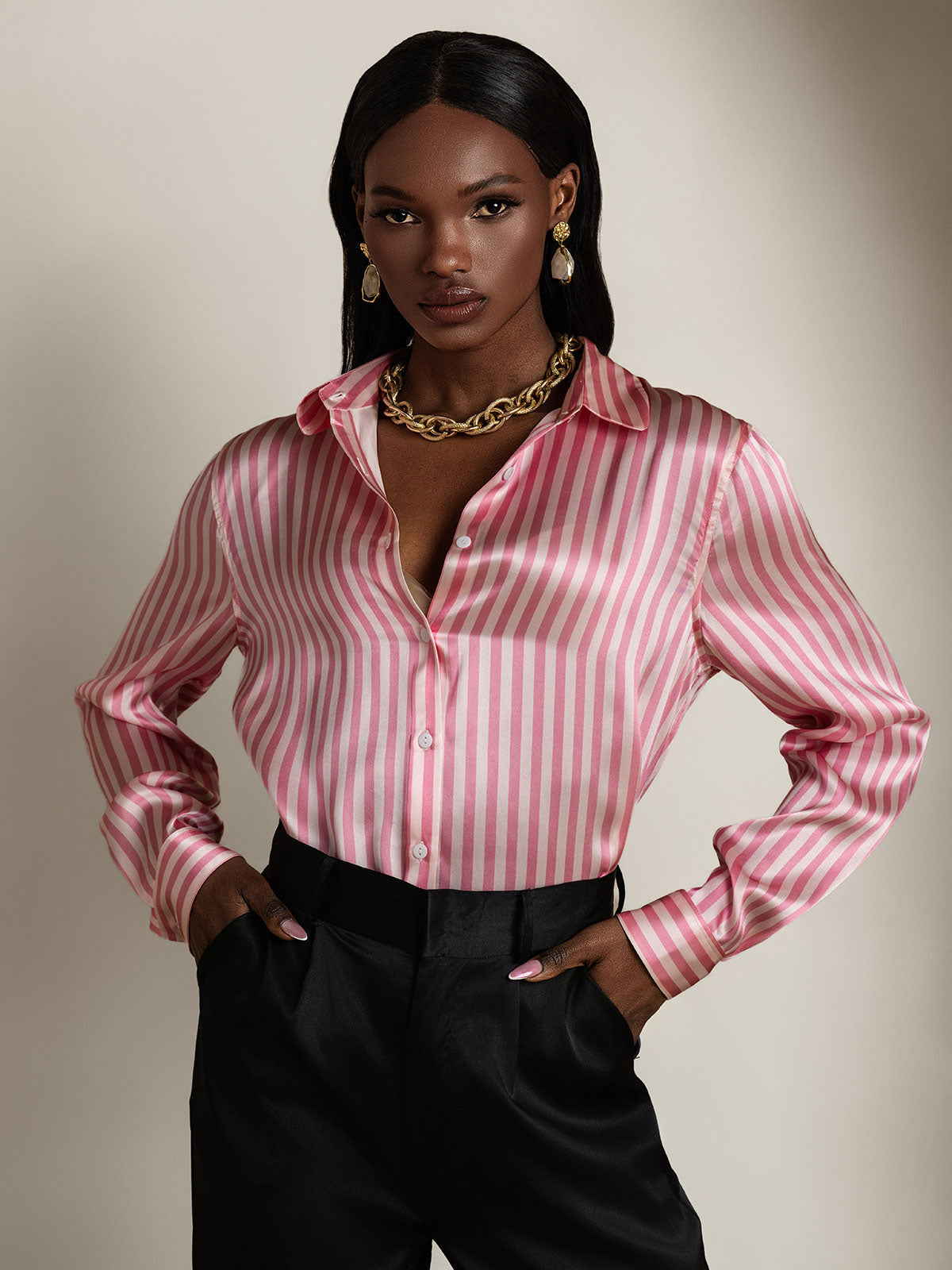 [Pink Stripe] SilkSilky-CA Silk Lapel Collar Women's Shirt 005,