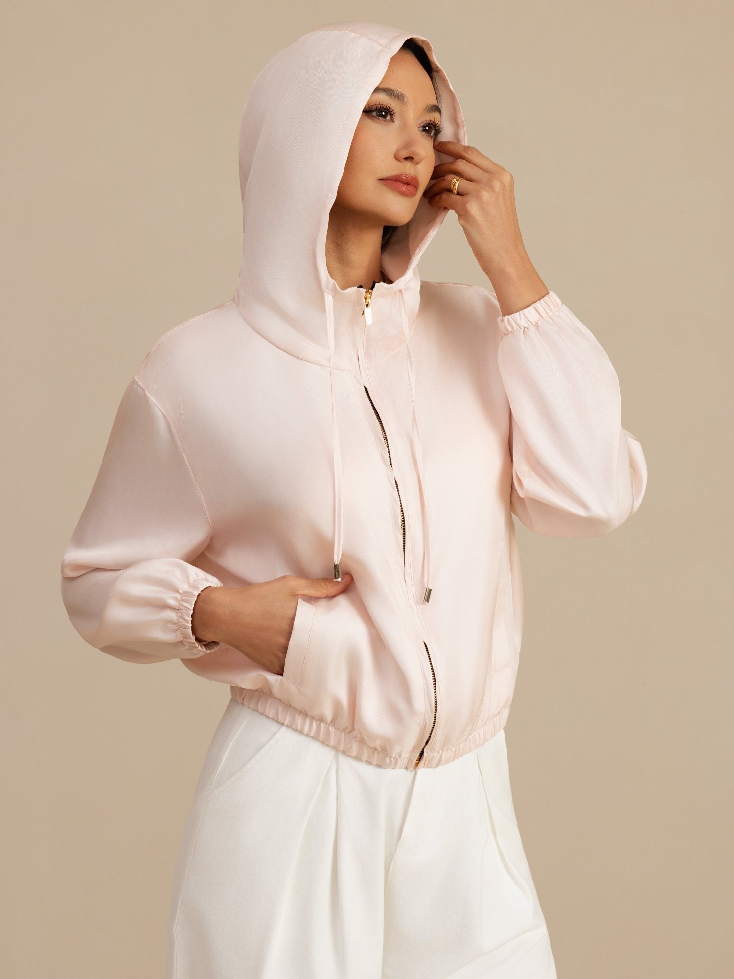 [Pink] SilkSilky-CA 18Momme Silk Satin Surah Long Sleeve Stand Collar Women's Outerwear 001