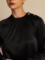[Black] SilkSilky-CA 19Momme Stretch Silk Charmeuse Long Sleeve Round Neck Blouse 005
