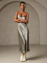 [Grayish Green] SilkSilky-CA Spaghetti Strap V Neck Nightgown 001