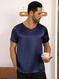 SilkSilky CA Pure Silk Short Sleeve V Neck Men's T Shirt DarkBlue 005