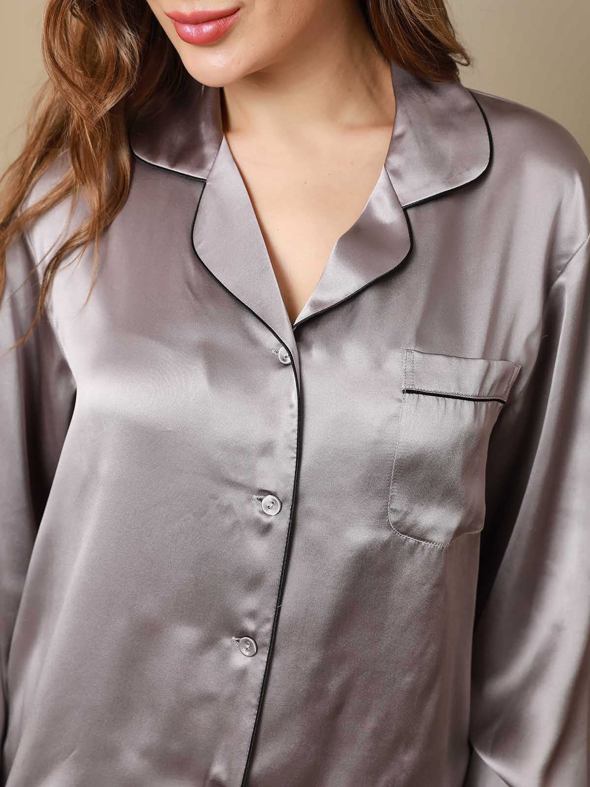 SilkSilky CA Pure Silk Long Sleeve Lapel Women's Pajamas Gray 007