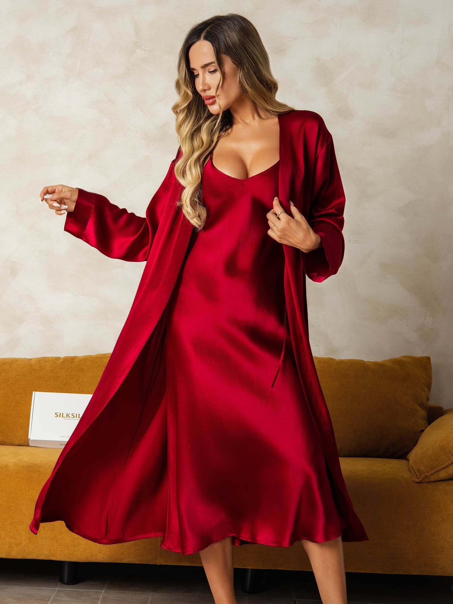 [Wine] SilkSilky-CA Pure Silk V Neck Nightgown&Robe Set 009